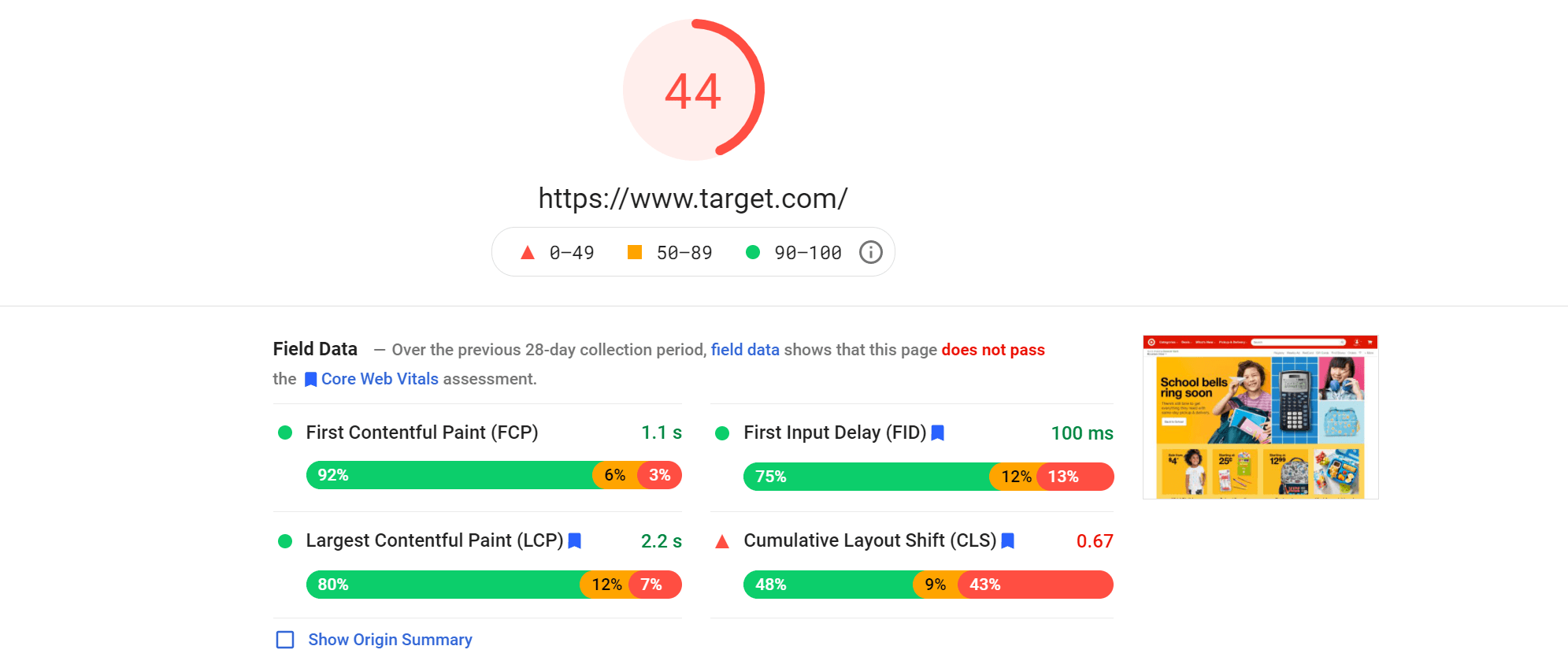 A PageSpeed Insights report with Core Web Vitals metrics