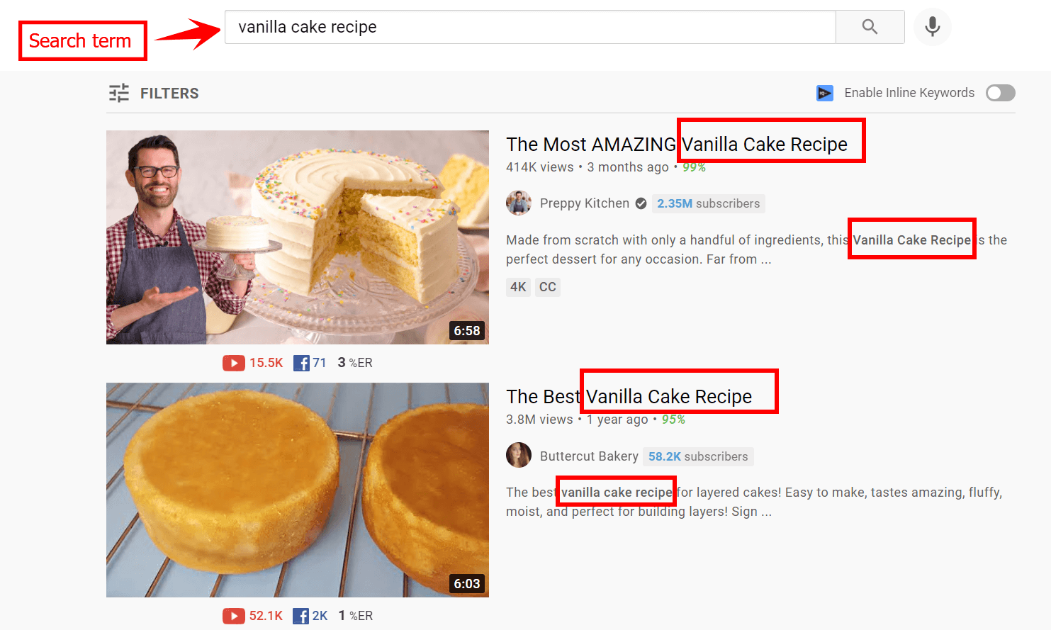 YouTube search results featuring the keyword "vanilla cake recipe"