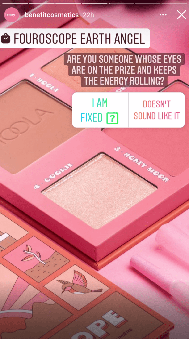 An Instagram Story from Benefit Cosmetics featuring an interactive poll sticker and one of their makeup products