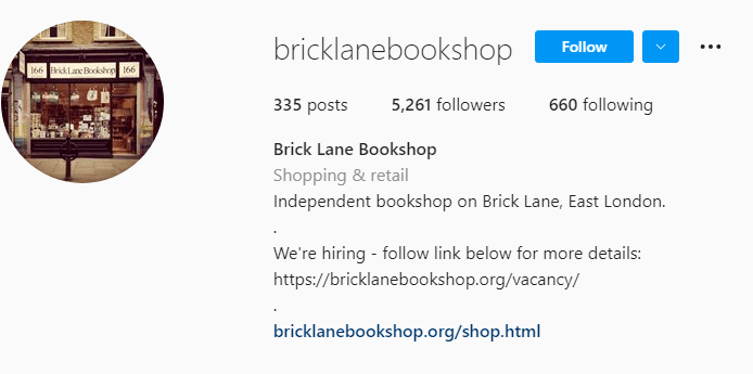 brick lane bookshop small business instagram bios