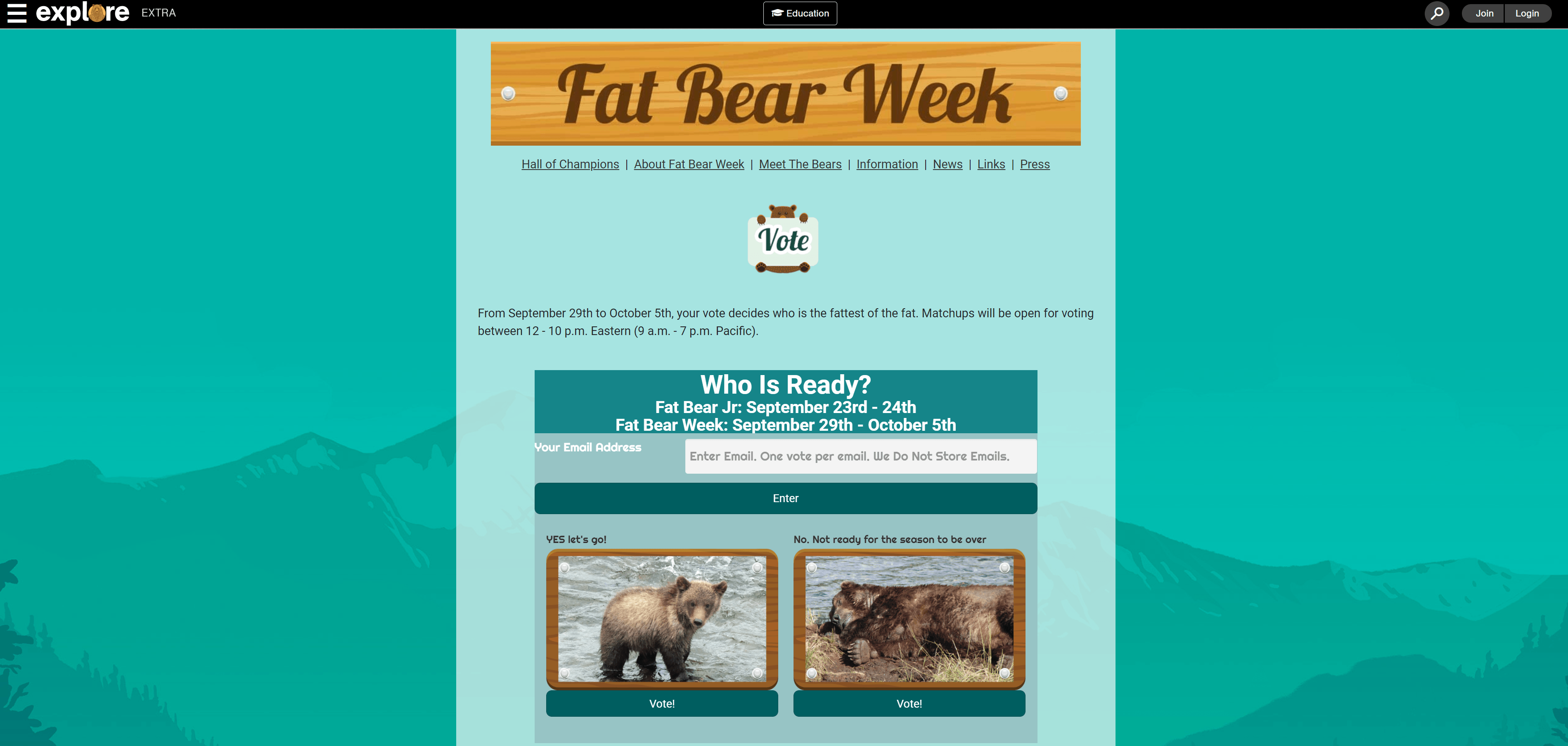 The Fat Bear Week website featuring text that reminds people of the 2021 Fat Bear Week competition and pictures of bears