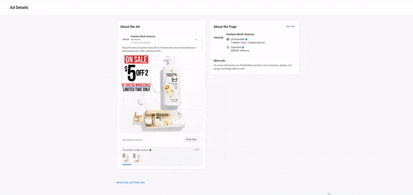 A Facebook ad and landing page for Pantene products sold at Costco