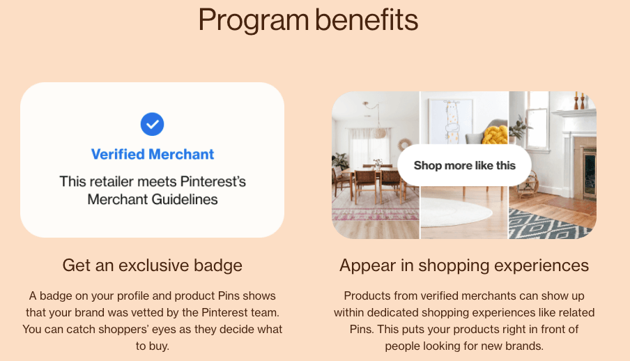 Listed benefits of joining Pinterest's shopping program