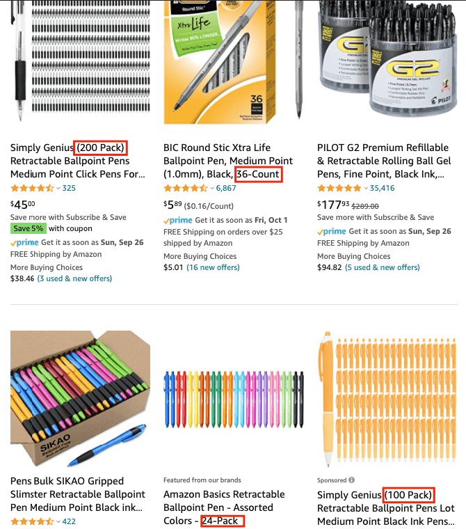 Amazon search results for pens