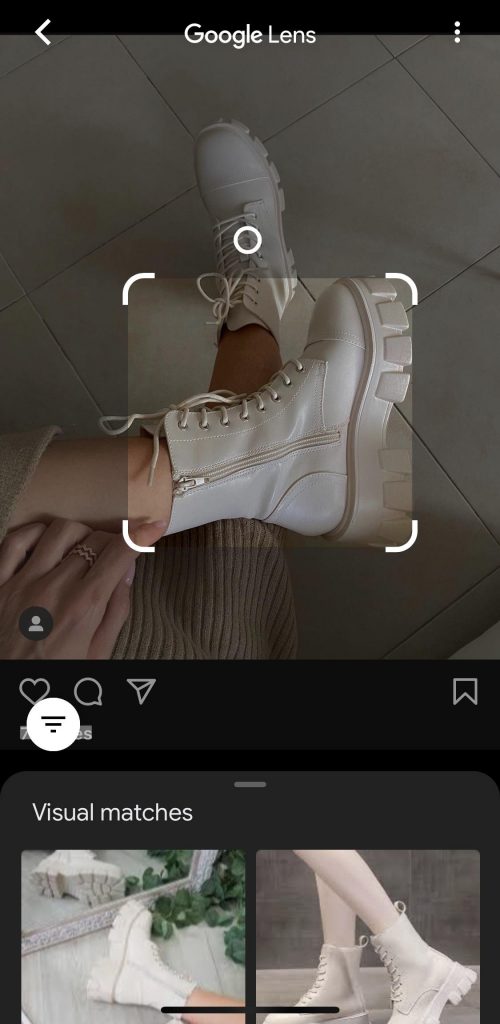 Picture of a girl's boots in the Google Photos app with the Google Lens feature activated