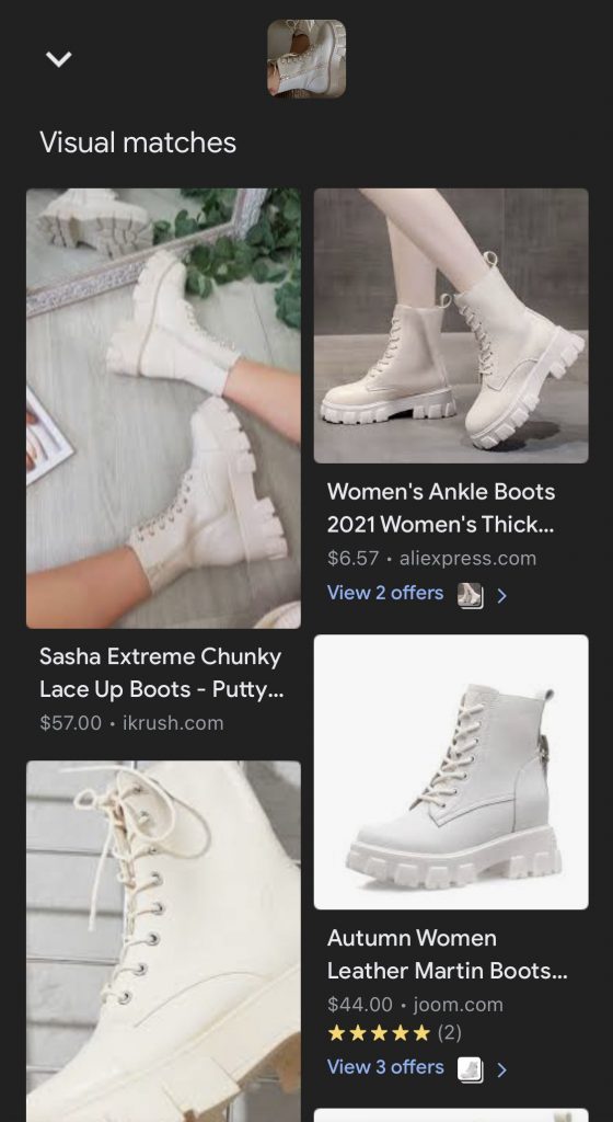 Results for a Google Lens search for boots