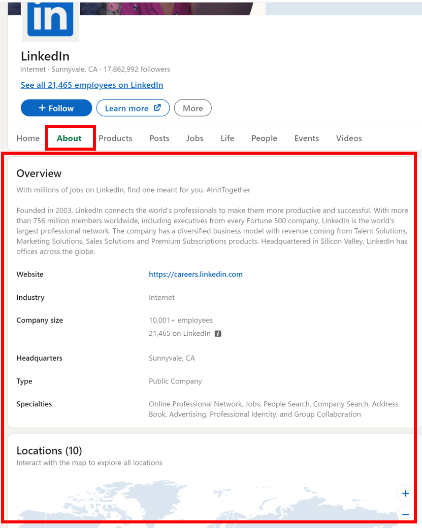 LinkedIn's company about us profile