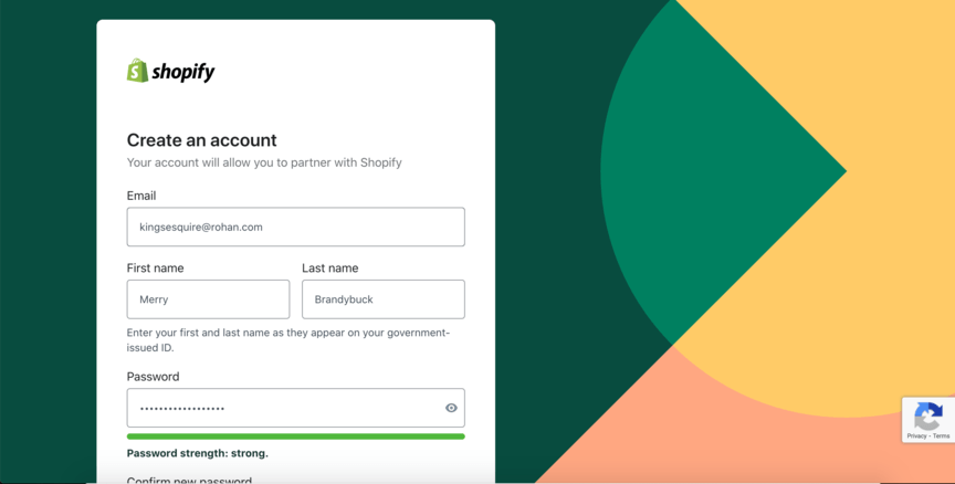 shopify partners account creation screen