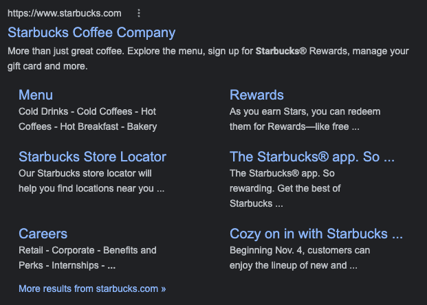 SEO listing for Starbucks