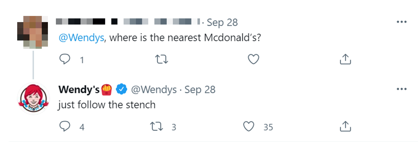 Wendy's Tweets "follow the stench" at a follower asking where McDonald's is