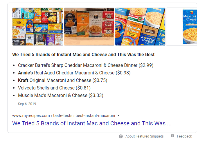 screenshot of mac and cheese search result as featured snippet