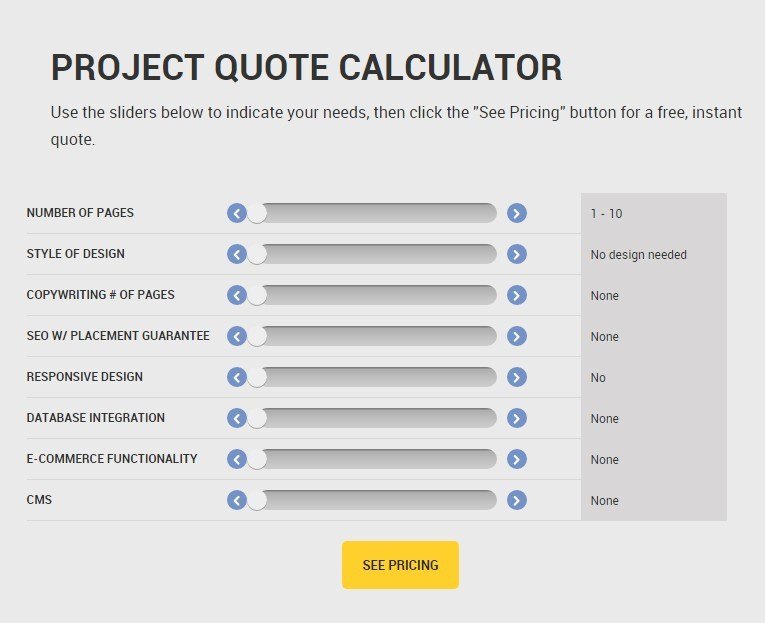 screenshot of quote calculator