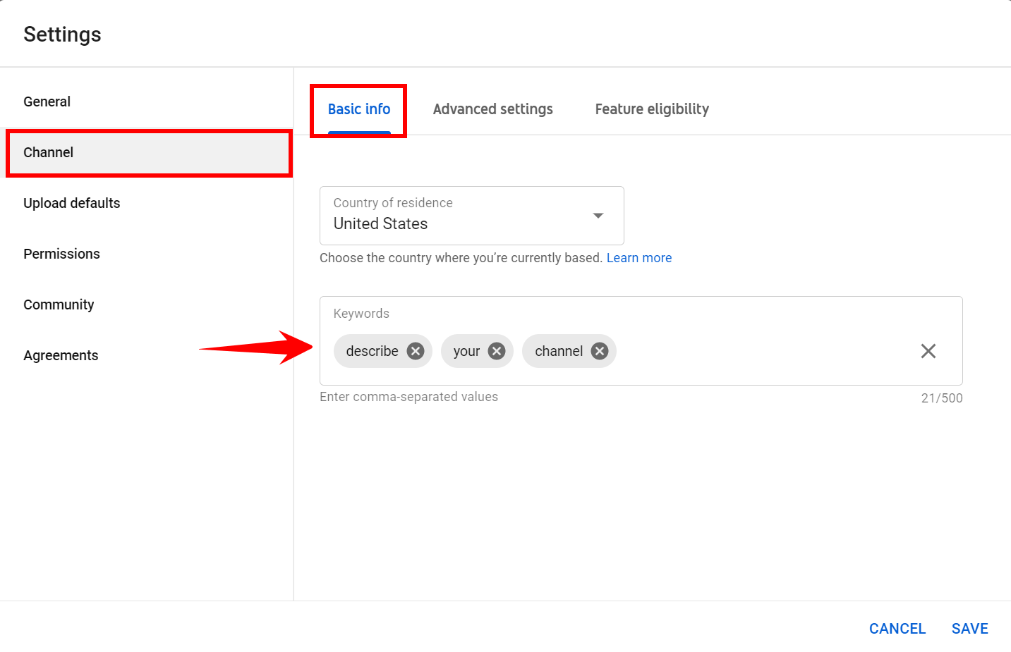 The YouTube settings where you set channel keywords for YouTube SEO