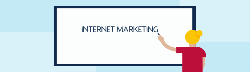 pointing to a whiteboard that says 'internet marketing'