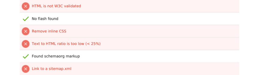 The code analysis results from an SEO checker tool