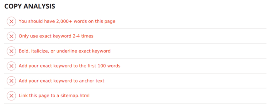Results from SEO checker's content test