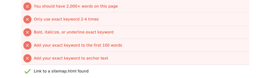 The copy analysis results from an SEO checker tool