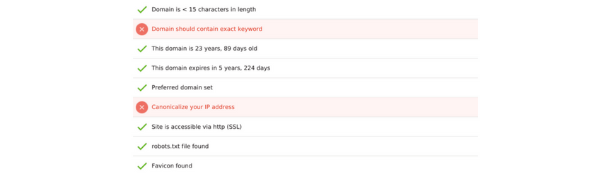 The domain link analysis results from an SEO checker tool