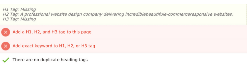 The heading tag results from an SEO checker tool