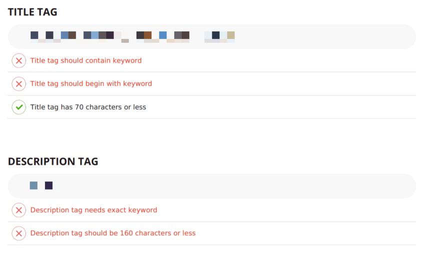 Results from SEO checker's meta tag test