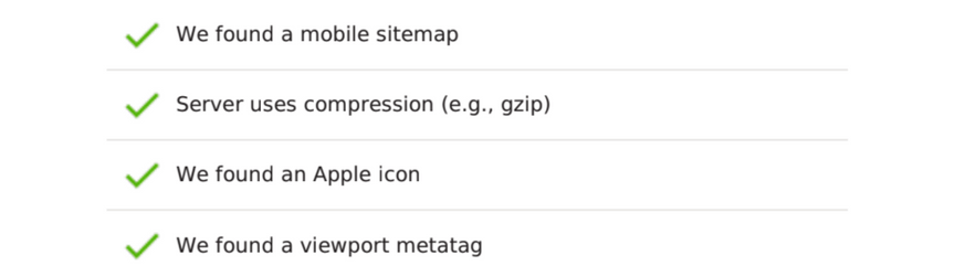 The mobile analysis results from an SEO checker tool