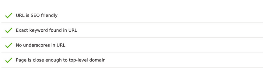 The URL results from an SEO checker tool