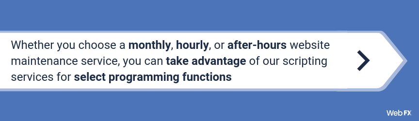 Whether you choose a monthly, hourly, or after-hours website maintenance service, you can take advantage of our scripting services for select programming functions