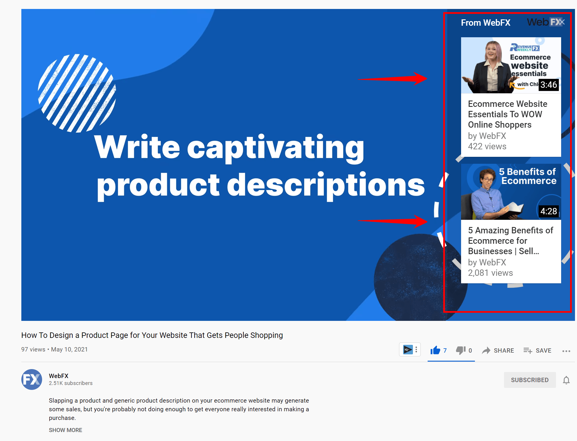 YouTube Cards on the WebFX YouTube channel