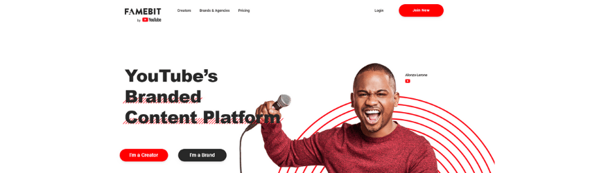 A screenshot of the YouTube FameBit homepage