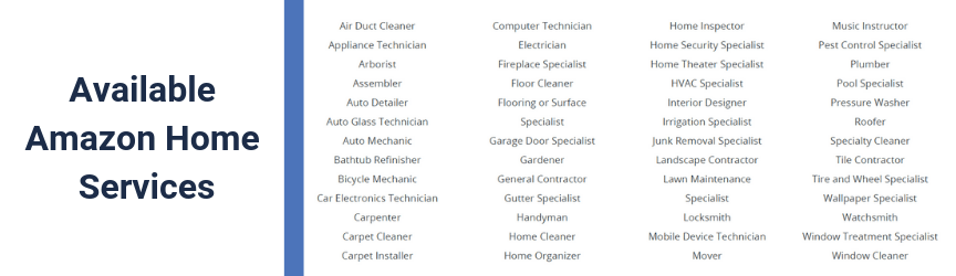 A list of the available Amazon Home Services