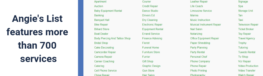A list of services on Angie’s List