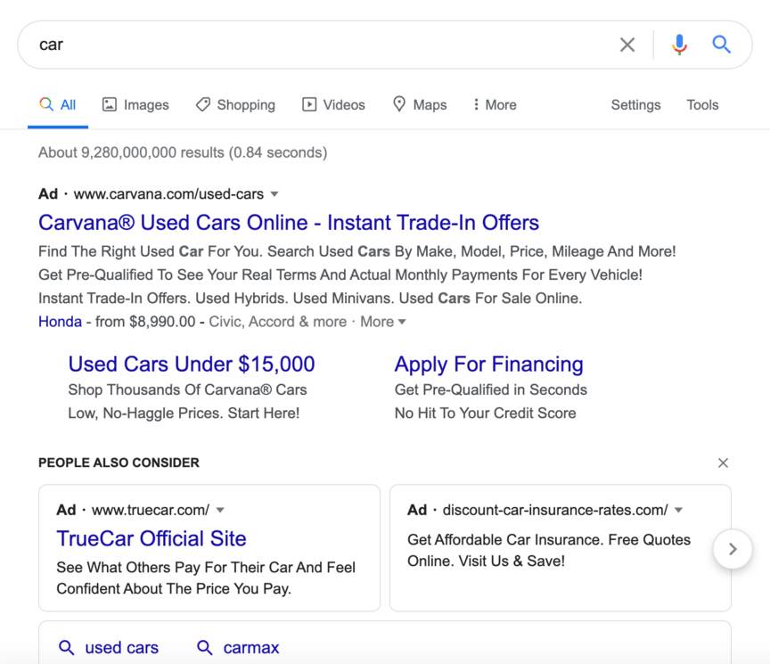 google search results for car
