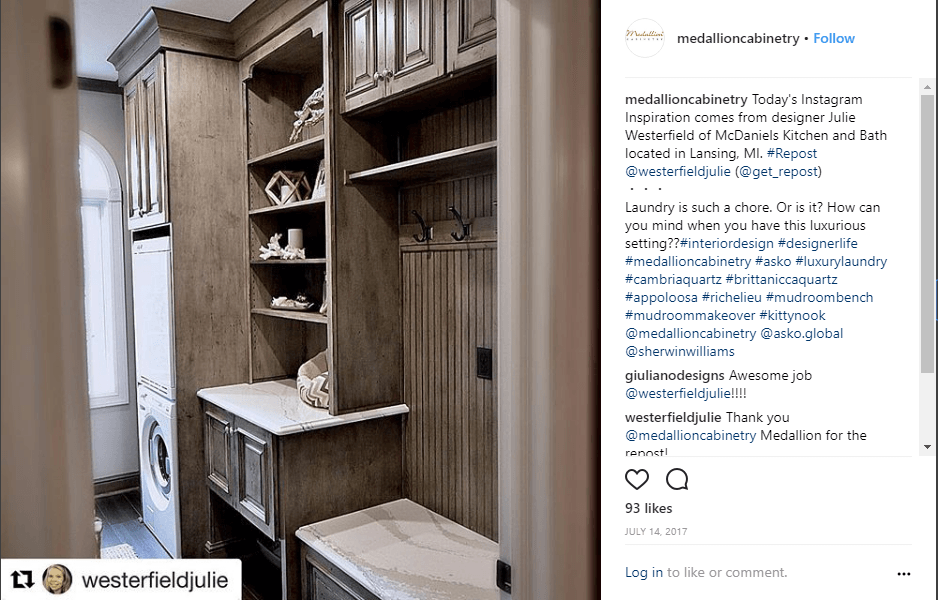 An example of a cabinet manufacturer resharing a customer post