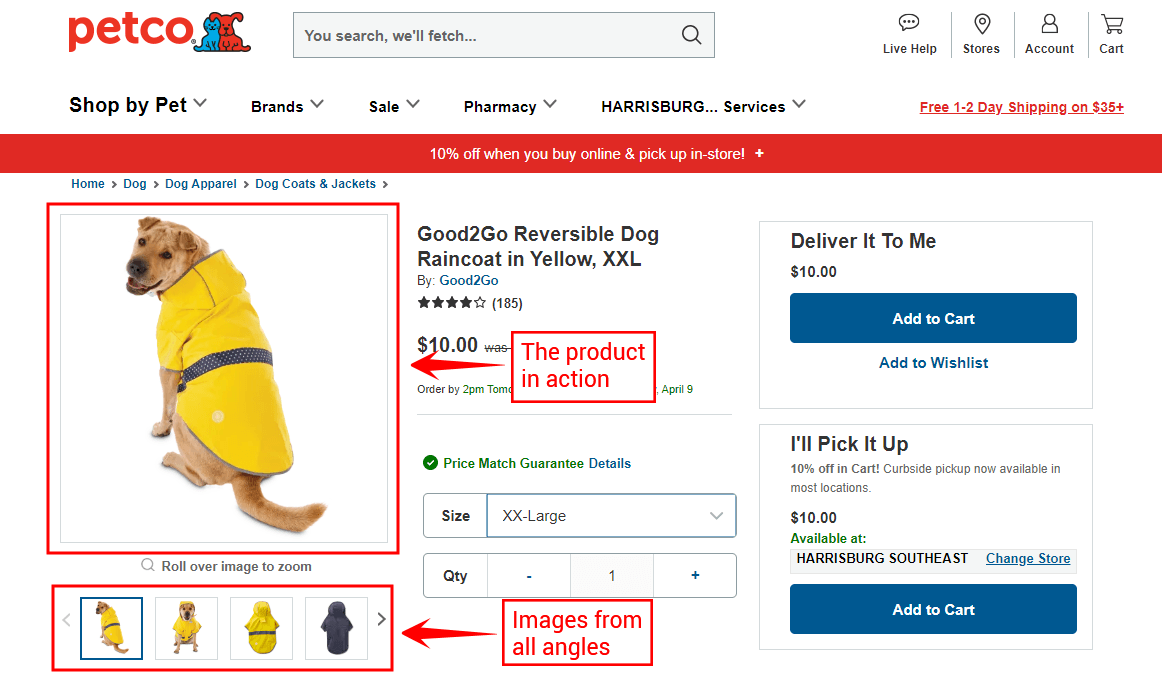 A visual product listing of a dog in a raincoat