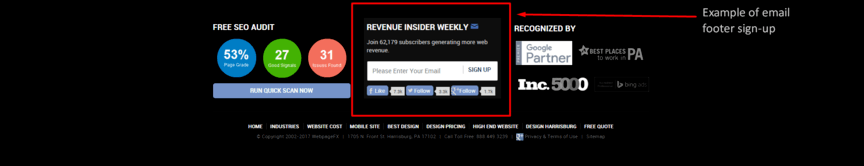 Screenshot of email sign-up