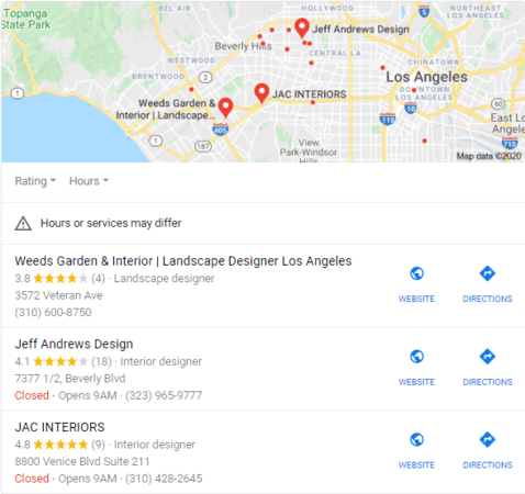 Google Local 3-pack for interior design companies