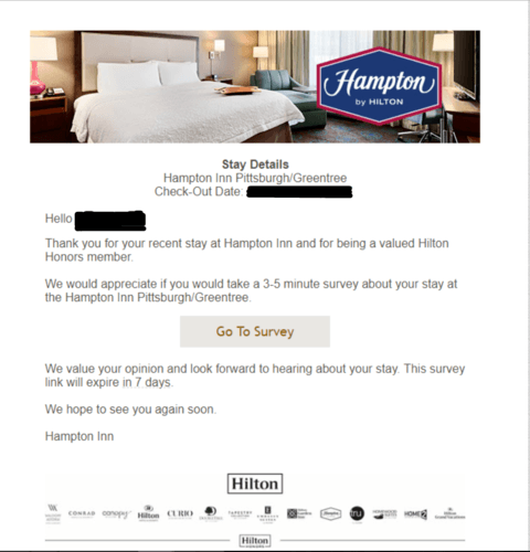 Screenshot of hotel survey email