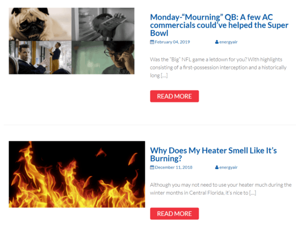 Example of blog posts as part of HVAC Internet marketing strategy