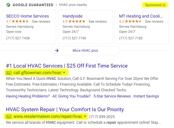 Example of HVAC PPC ad as part of HVAC Internet marketing strategy