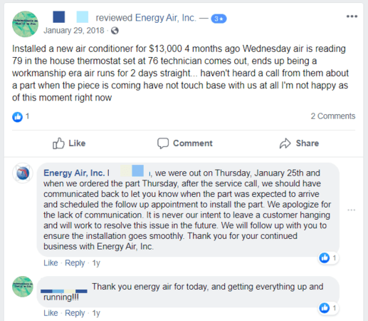 Example of reviews as part of HVAC Internet marketing strategy