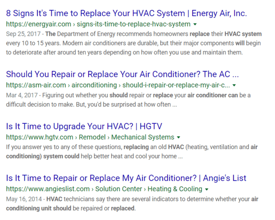Example of search results as part of HVAC Internet marketing strategy