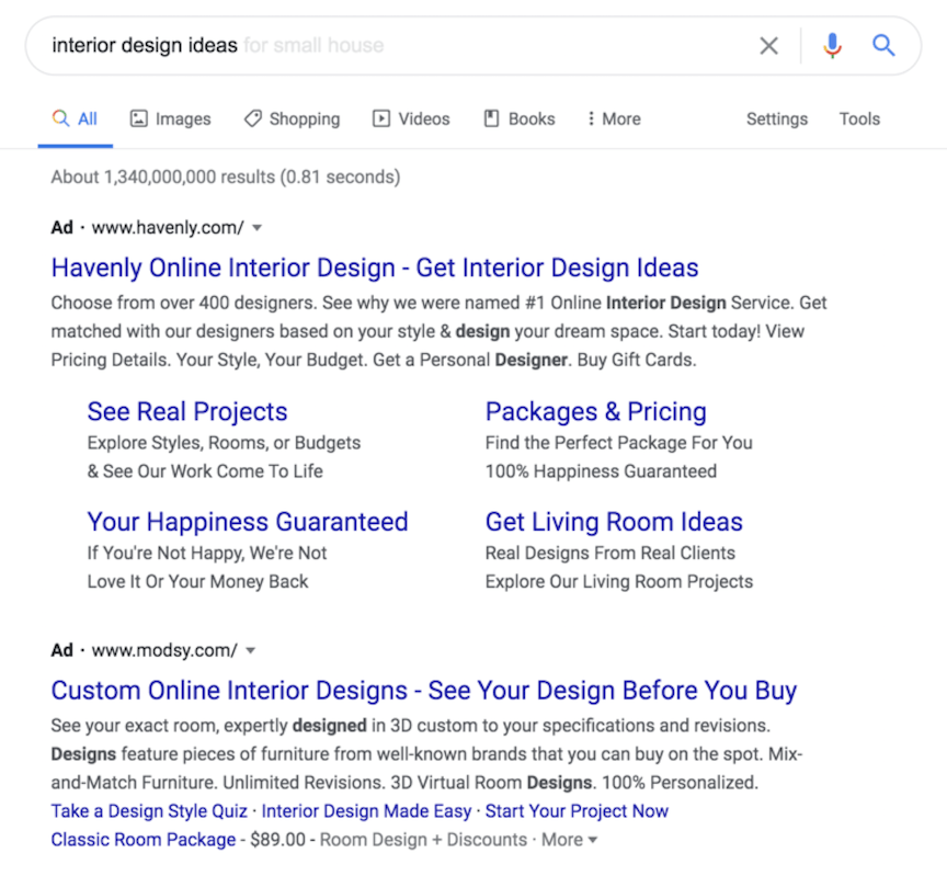 Google search PPC ads for interior design ideas