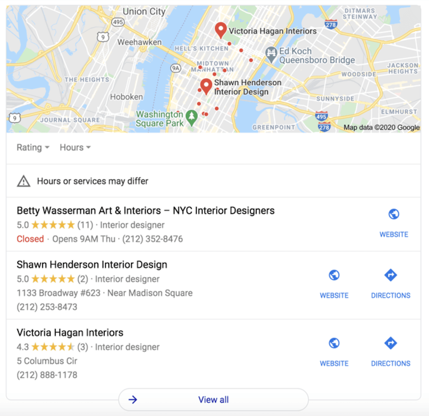 Google local 3-pack for interior designers