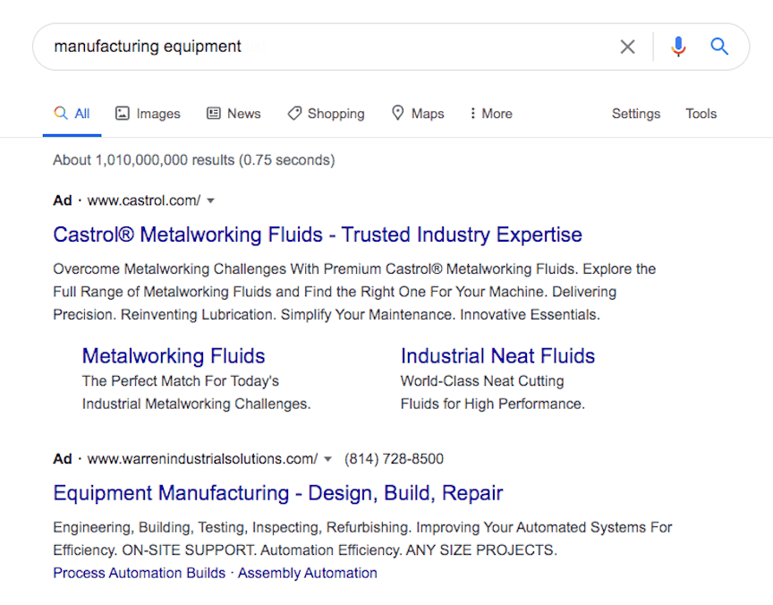 PPC ads on Google for manufacturing equipment