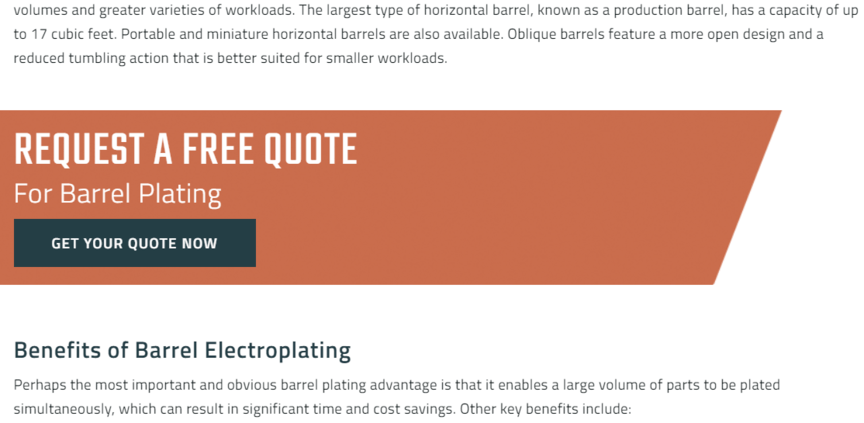 Manufacuring web design example of highlighted CTA
