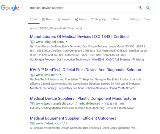 Medical device marketing PPC ad example