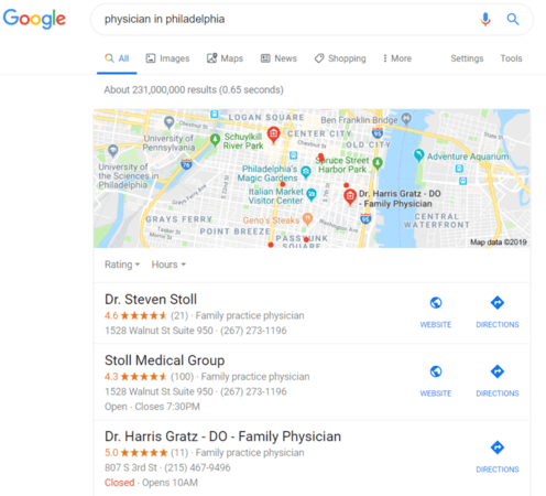 Search results to demonstrate need for online marketing a doctor
