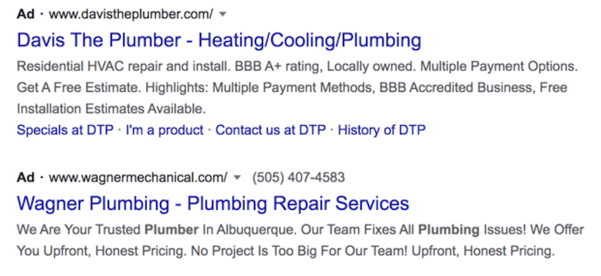 PPC ads for plumbers on Google