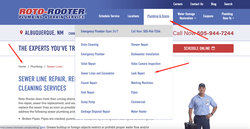 example of navigation on a plumbing company website
