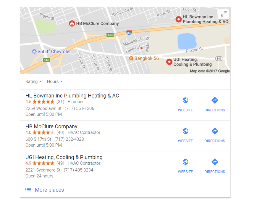 Screenshot of local plumbers